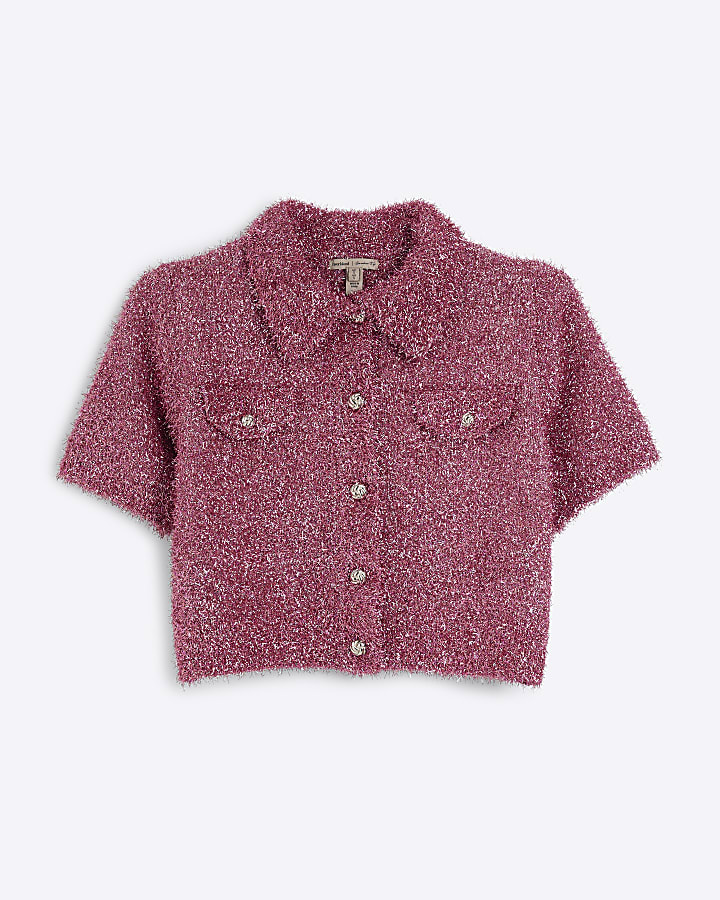 Pink Tinsel Knit Button Up Short Sleeve Shirt