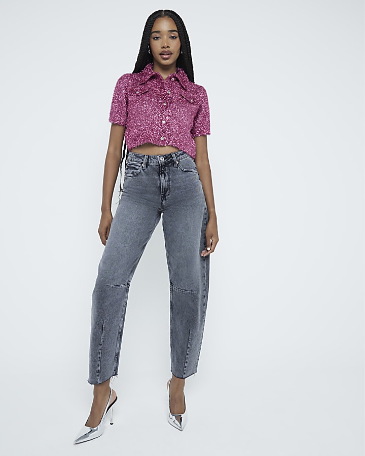 Pink Tinsel Knit Button Up Short Sleeve Shirt