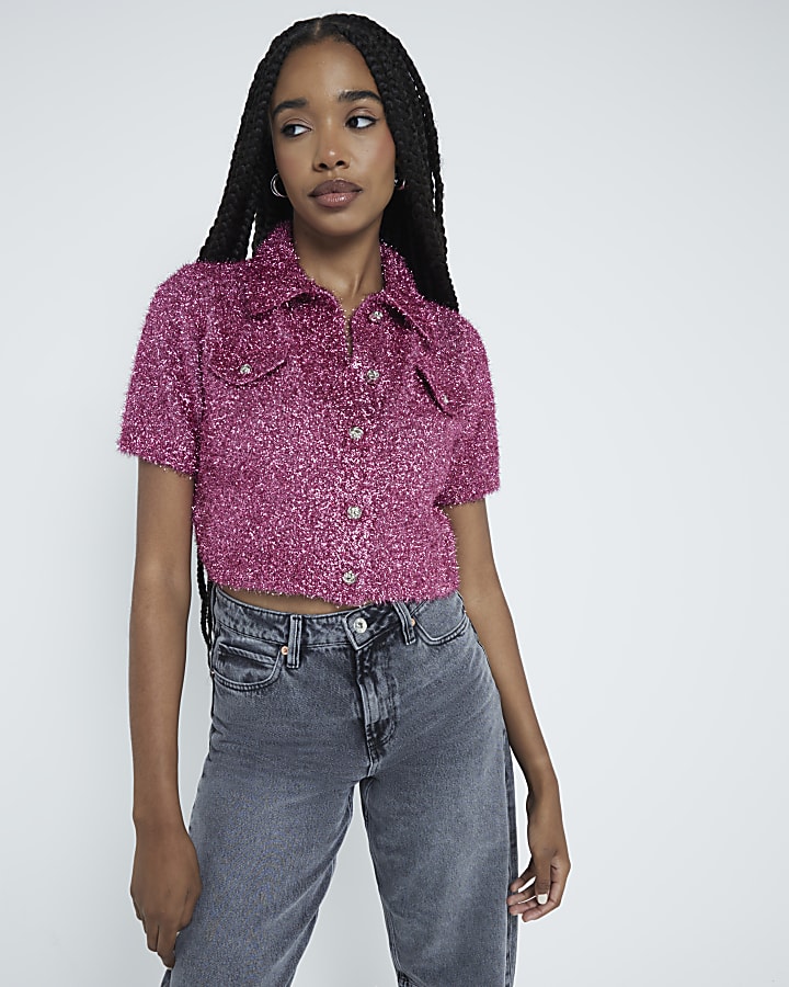 Pink Tinsel Knit Button Up Short Sleeve Shirt