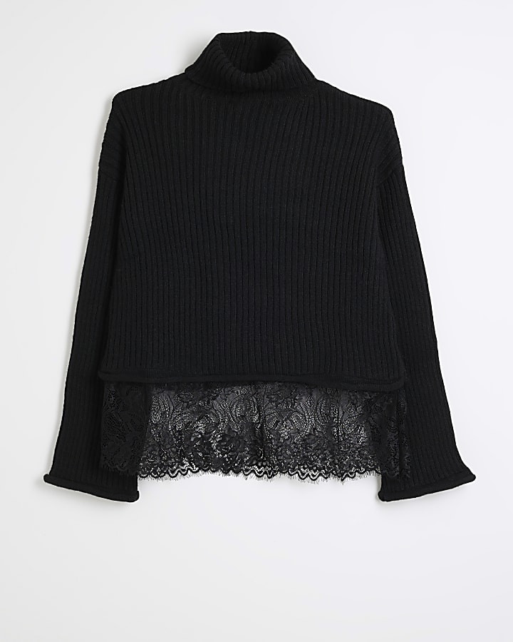 Black roll neck lace hybrid jumper