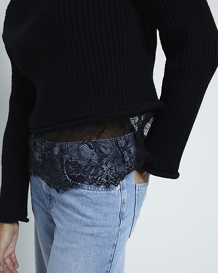 Black roll neck lace hybrid jumper