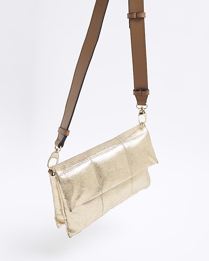 Gold Leather Flap Front Cross Body Bag