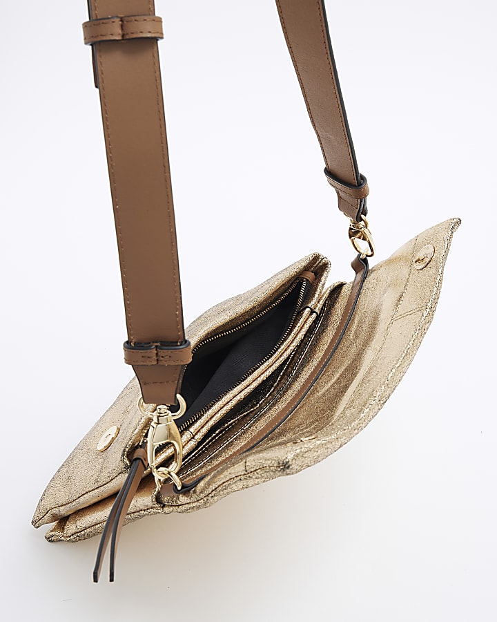 Gold Leather Flap Front Cross Body Bag