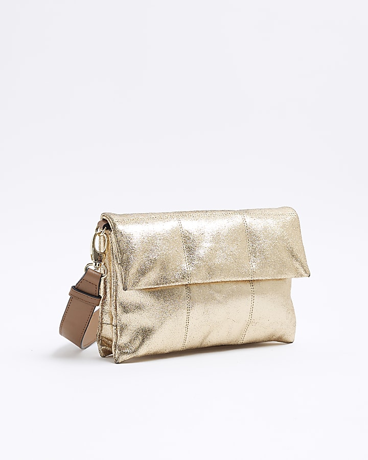 Gold Leather Flap Front Cross Body Bag