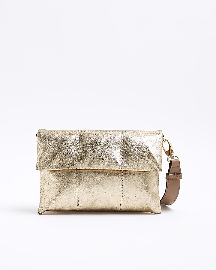 Gold Leather Flap Front Cross Body Bag