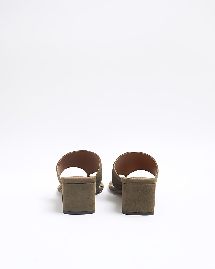 Khaki Suede Block Heeled Mule Sandal