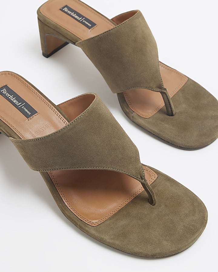 Khaki Suede Block Heeled Mule Sandal