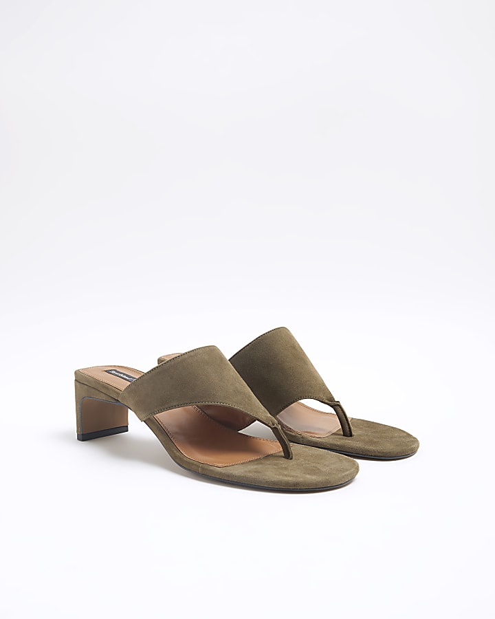 Khaki Suede Block Heeled Mule Sandal