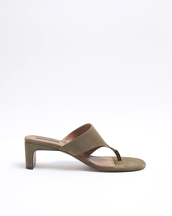 Khaki Suede Block Heeled Mule Sandal