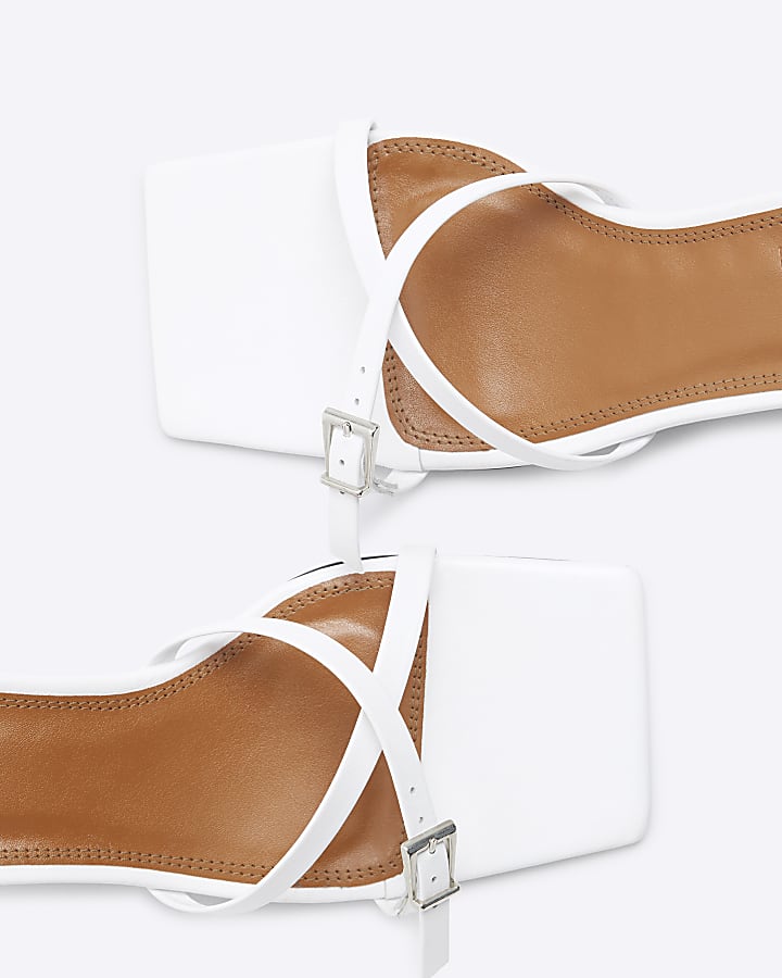 White leather Cross Strap Kitten Heel Sandals