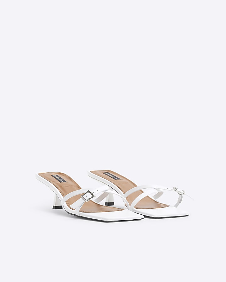 White leather Cross Strap Kitten Heel Sandals