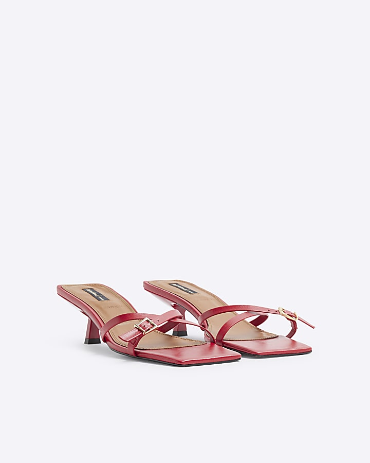 Red leather Cross Strap Kitten Heel Sandals