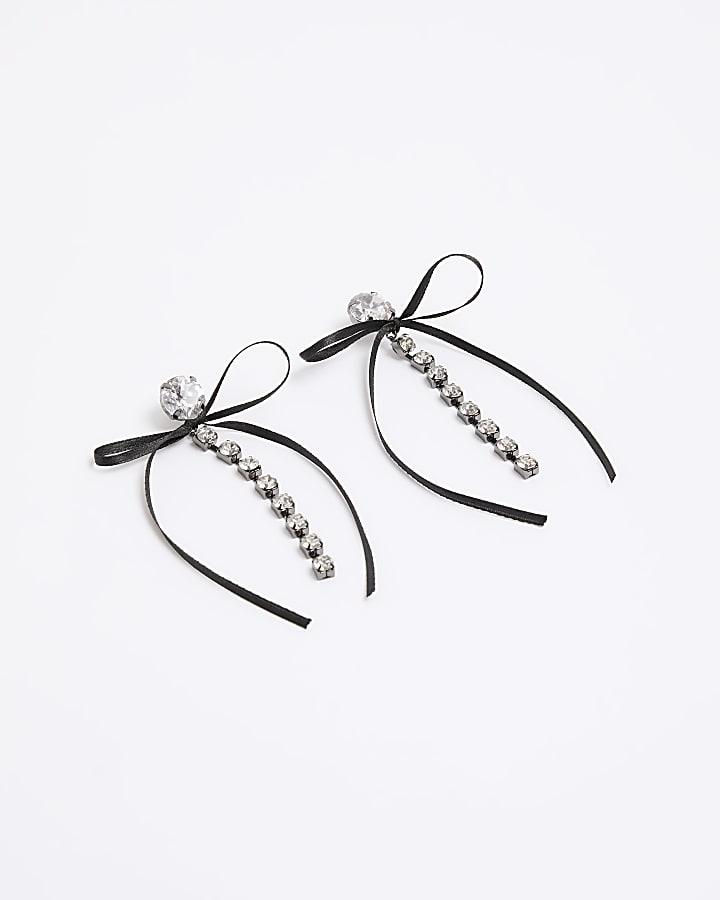 Black diamante bow drop earrings