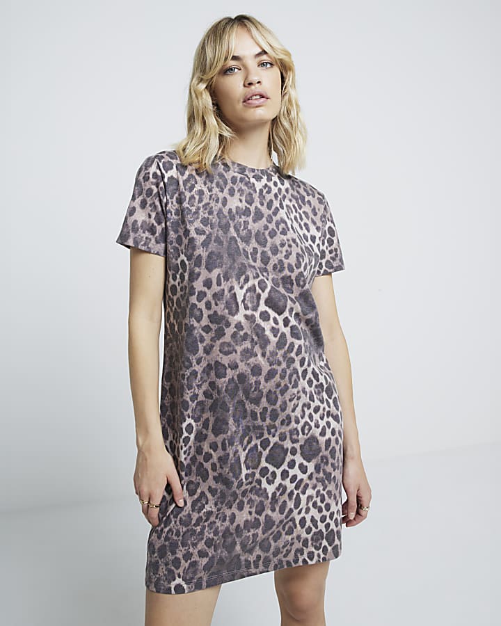 Brown leopard print t shirt mini dress River Island