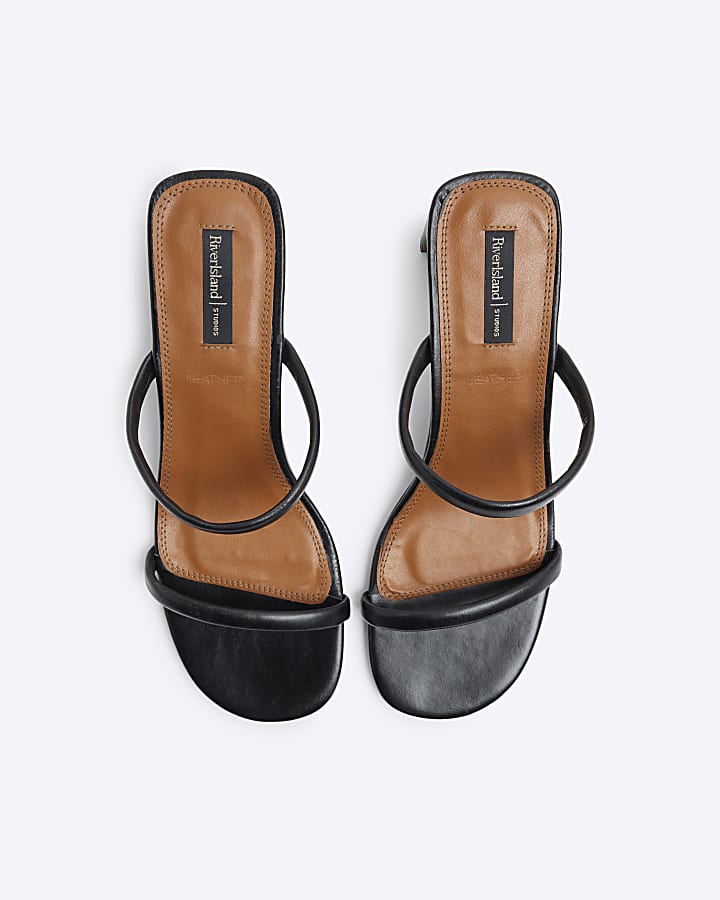 Black leather mule heeled sandals