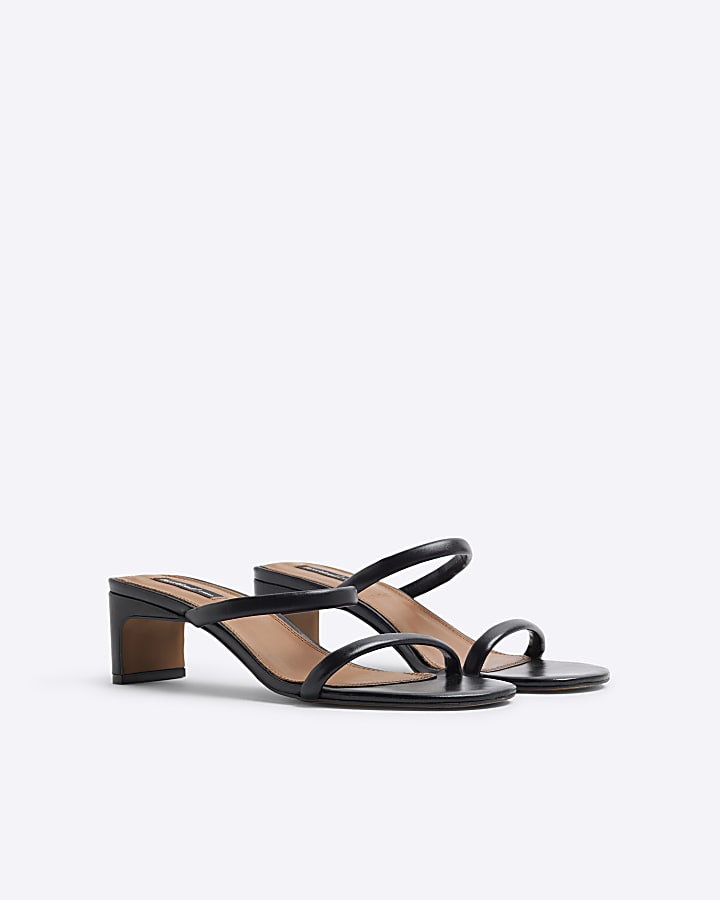 Black leather mule heeled sandals