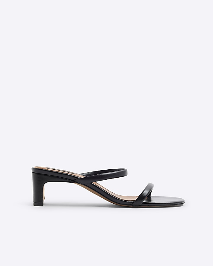 Black leather mule heeled sandals