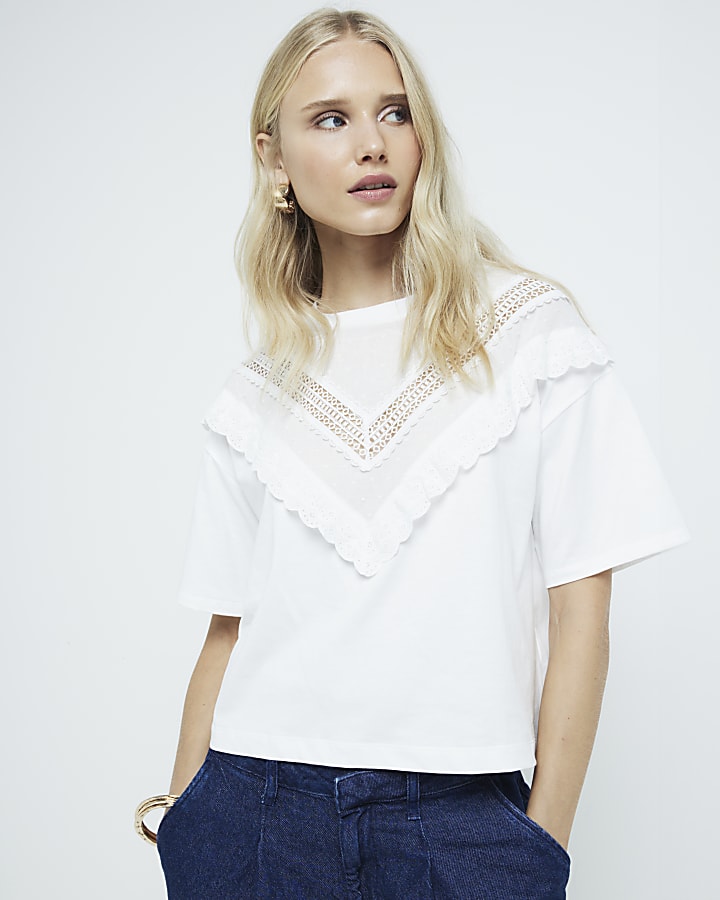 White Chevron Lace Collar T-shirt