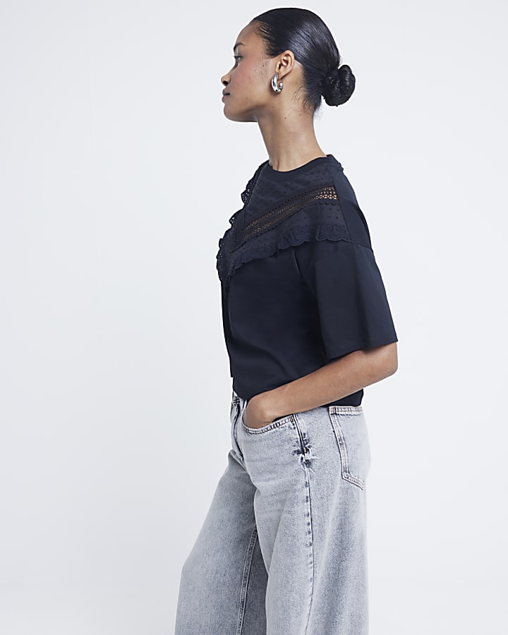 Black Chevron Lace Collar T-shirt