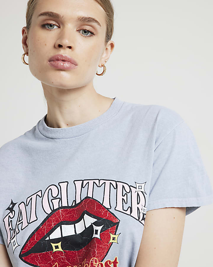 Blue embellished lips graphic t-shirt