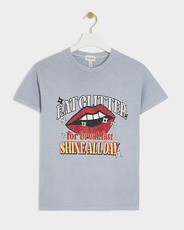 Blue embellished lips graphic t-shirt