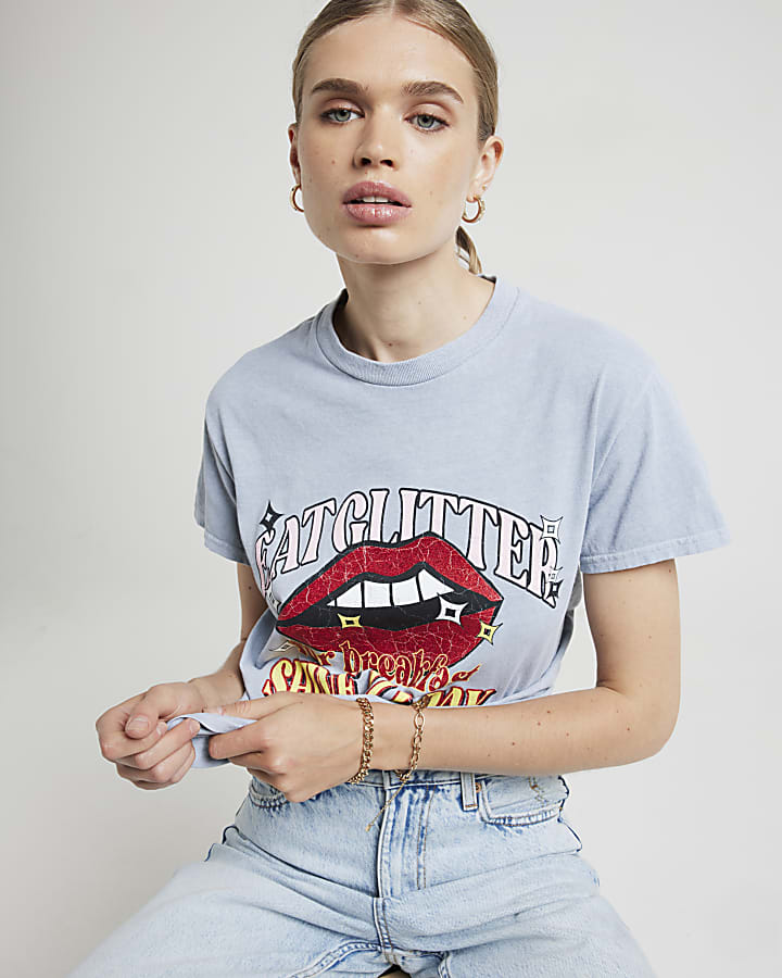 Blue embellished lips graphic t-shirt