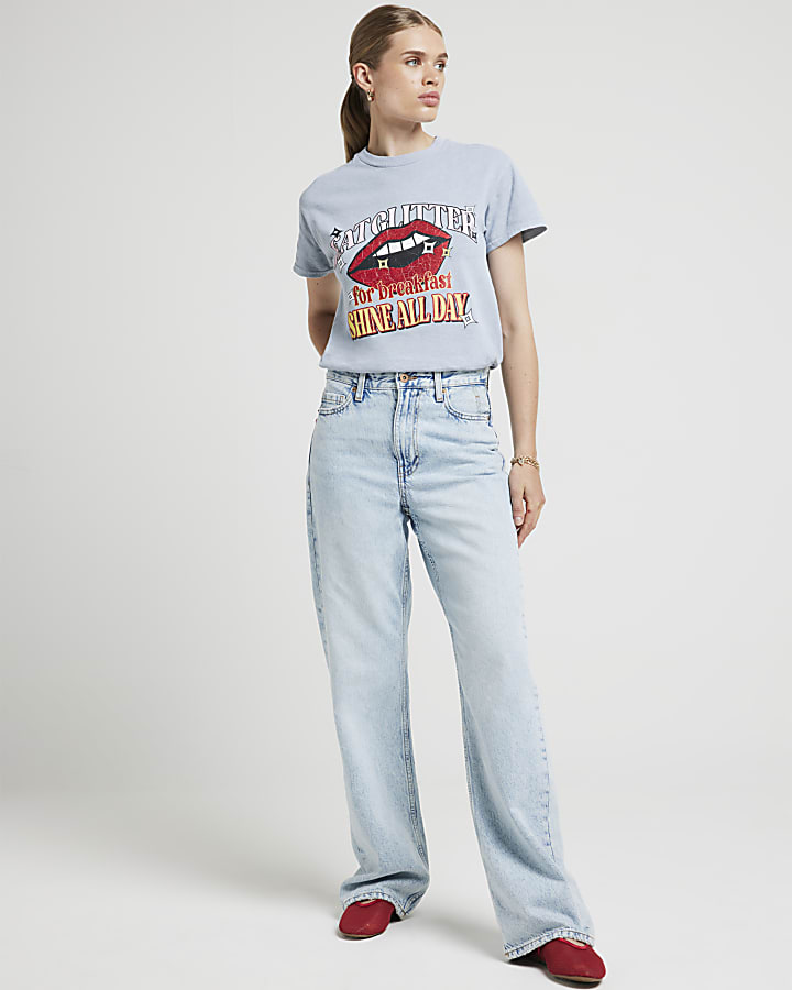 Blue embellished lips graphic t-shirt