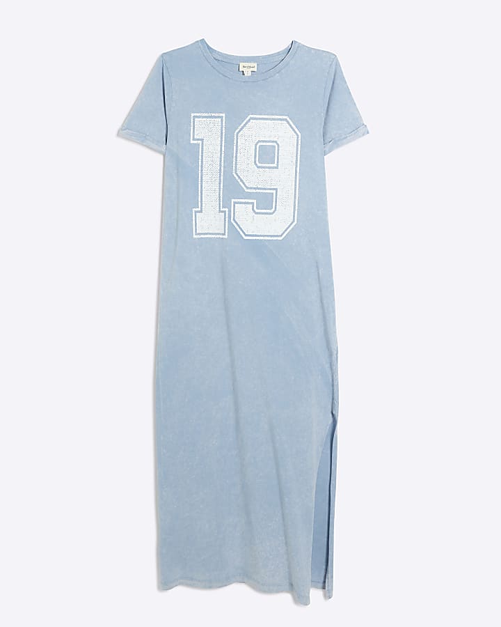 Blue number graphic t-shirt midi dress