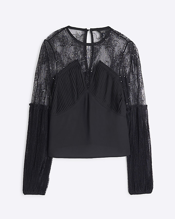 Black Lace Sequin Pleated Blouse