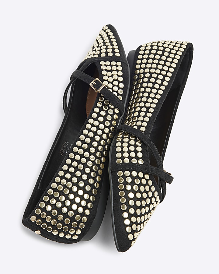 Black Gold Studded Ballet Pumps