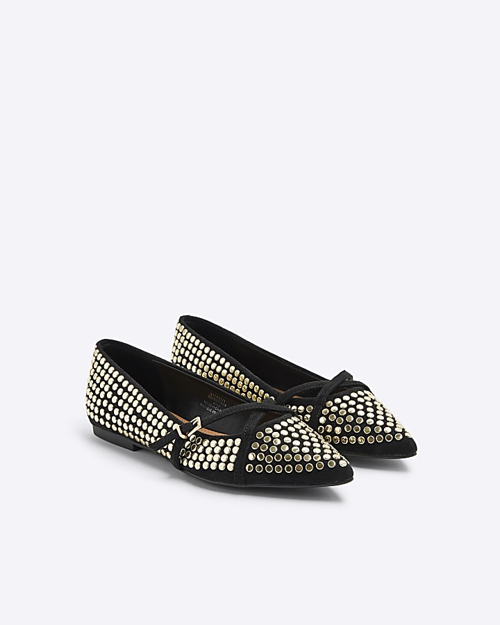 Black Gold Studded Ballet Pumps