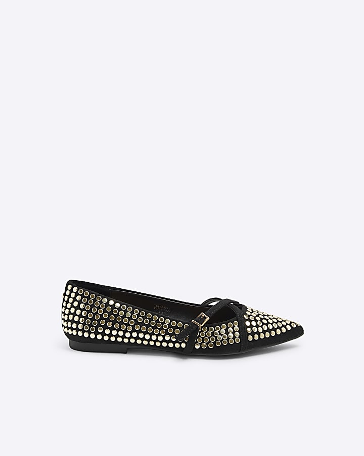 Black Gold Studded Ballet Pumps