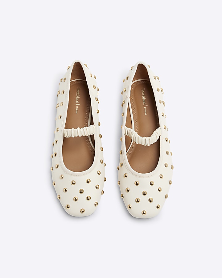 Cream Studded Elastic Ballet Pumps