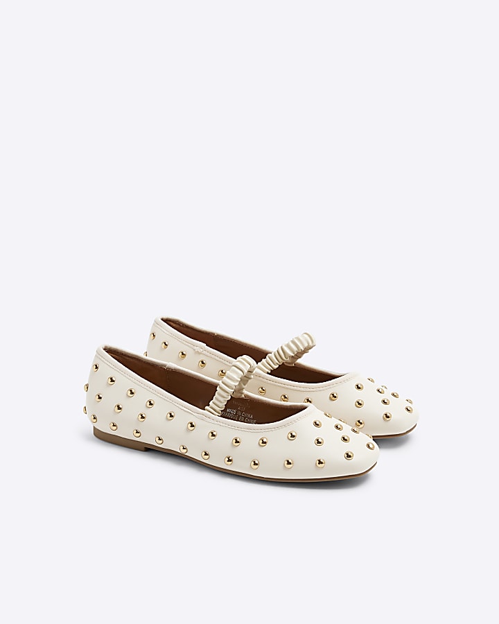 Cream Studded Elastic Ballet Pumps