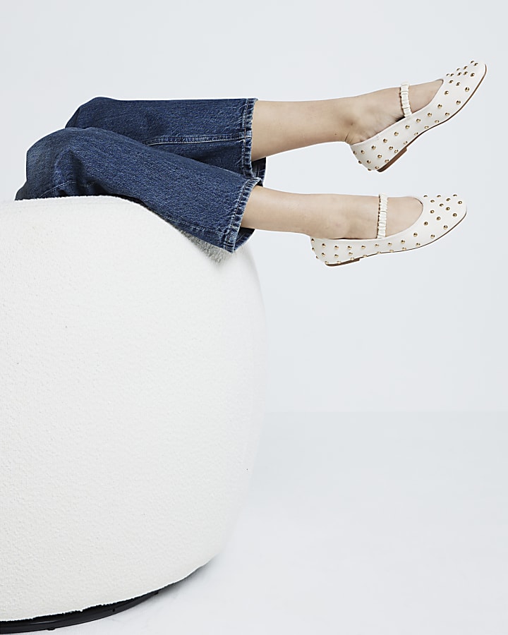 Cream Studded Elastic Ballet Pumps