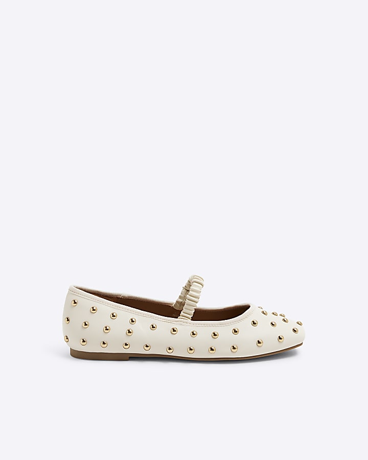 Cream Studded Elastic Ballet Pumps