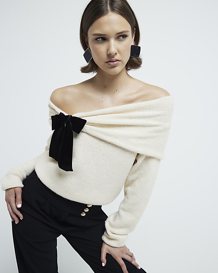 Beige Bardot Bow Jumper