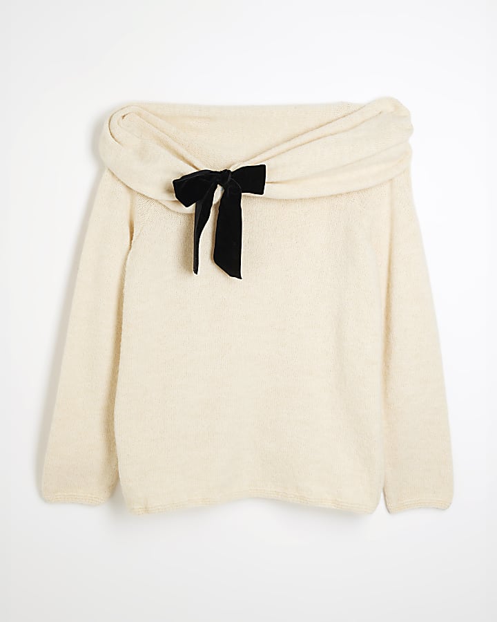 Beige Bardot Bow Jumper