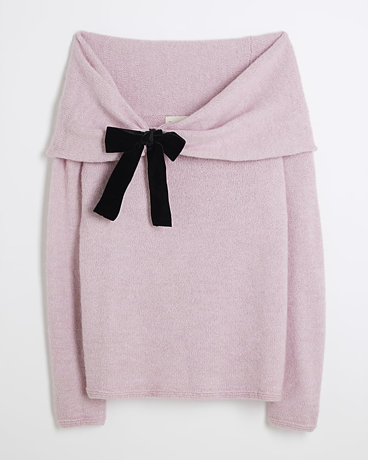 Pink Long Sleeve Bardot Bow Jumper