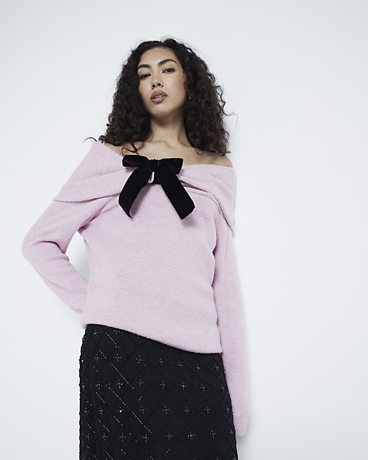 Pink Long Sleeve Bardot Bow Jumper