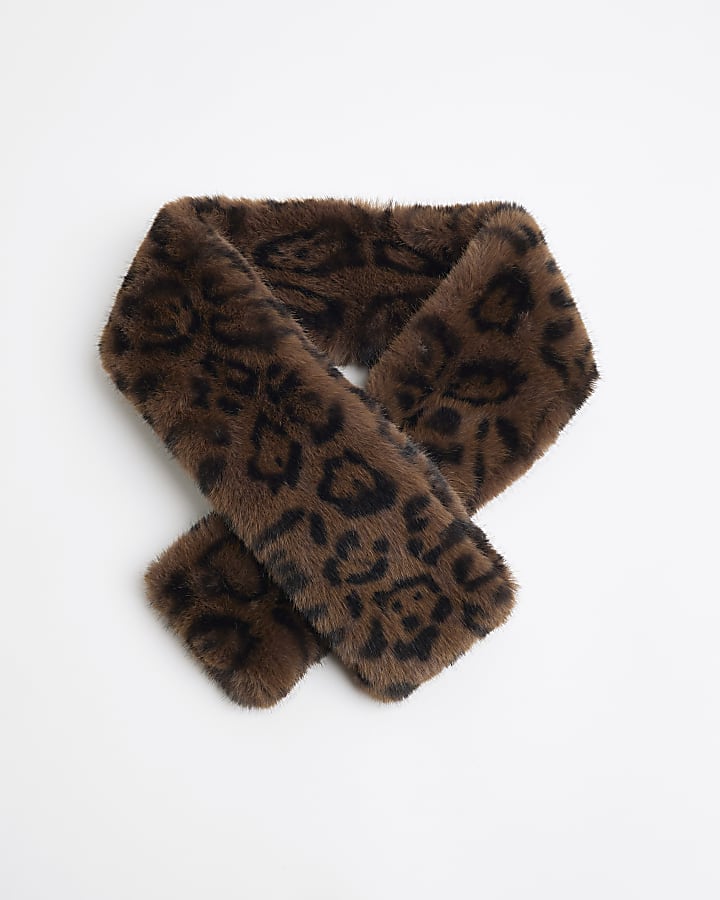 Beige Faux Fur Leopard Print Scarf