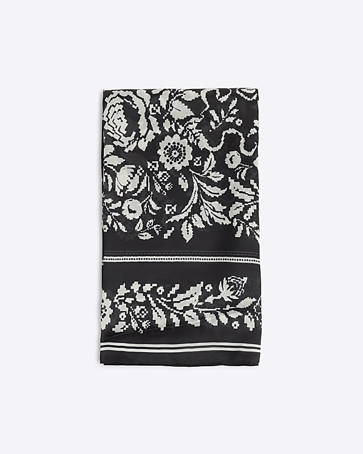 Black Floral Satin Scarf