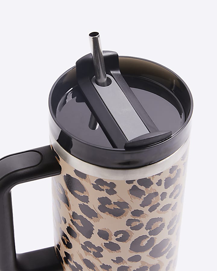 Brown Leopard Print Cup with Straw