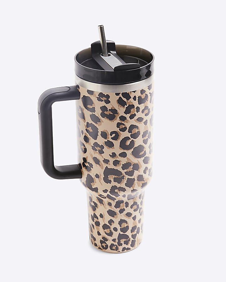 Brown Leopard Print Cup with Straw