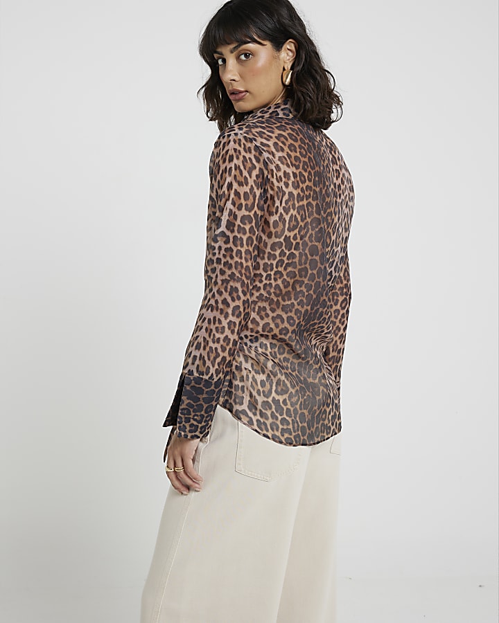 Brown leopard print front knot blouse