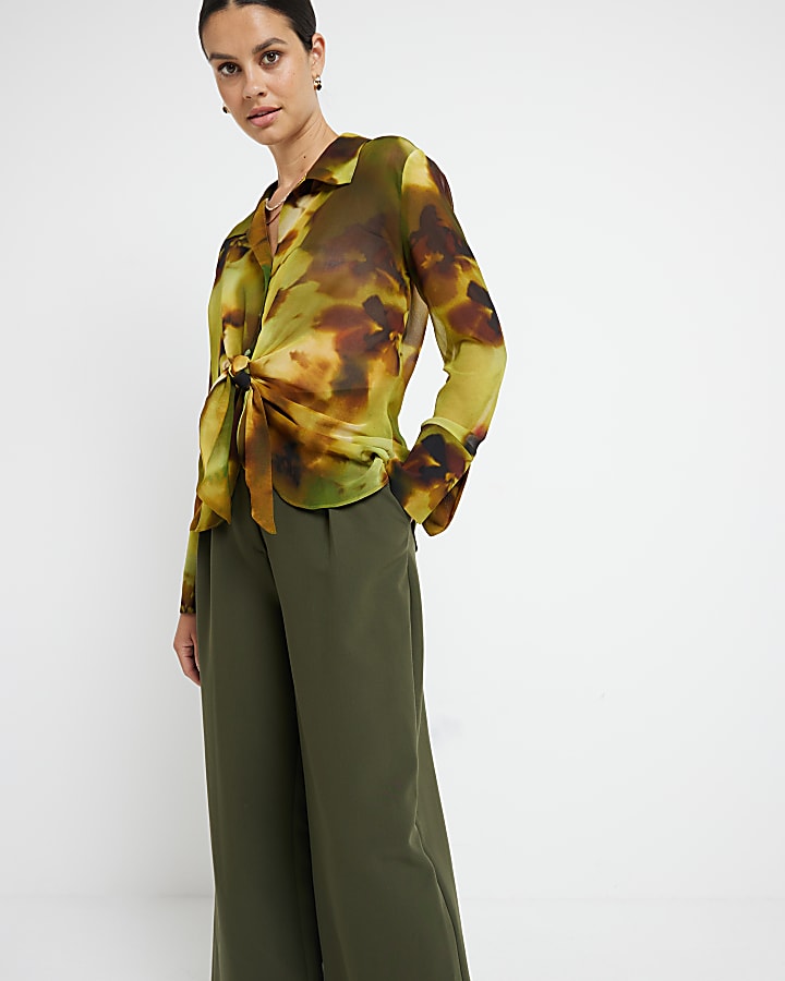 Green abstract print front knot blouse