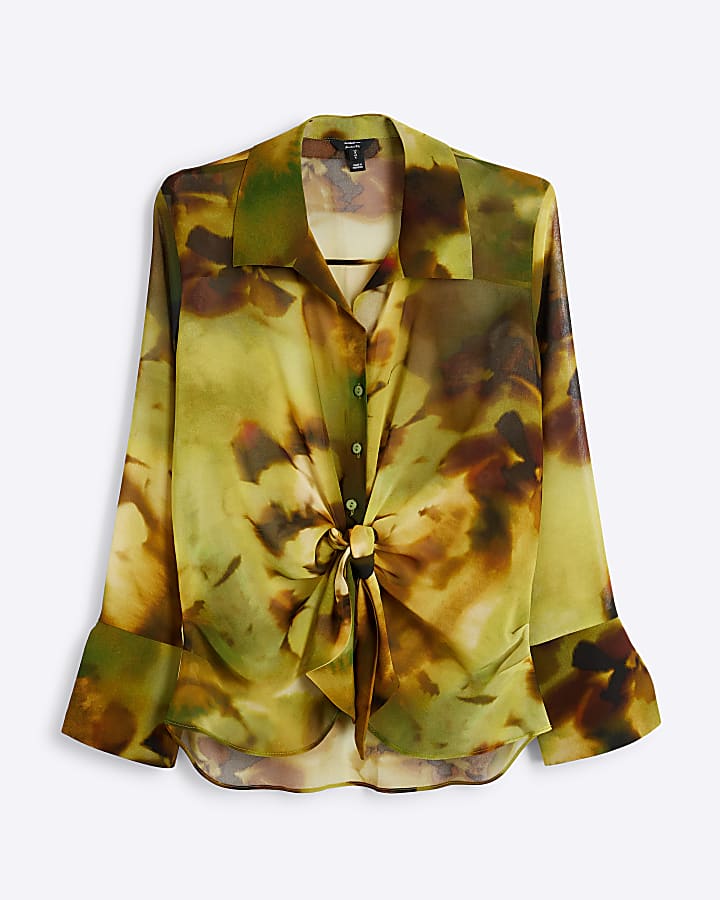 Green abstract print front knot blouse