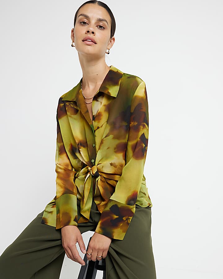 Green abstract print front knot blouse