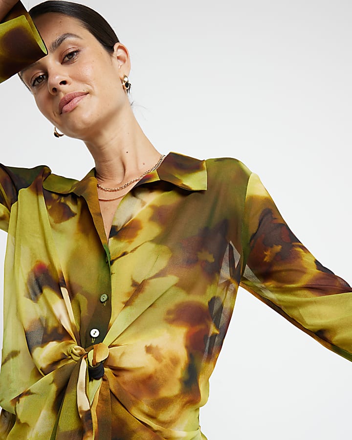 Green abstract print front knot blouse