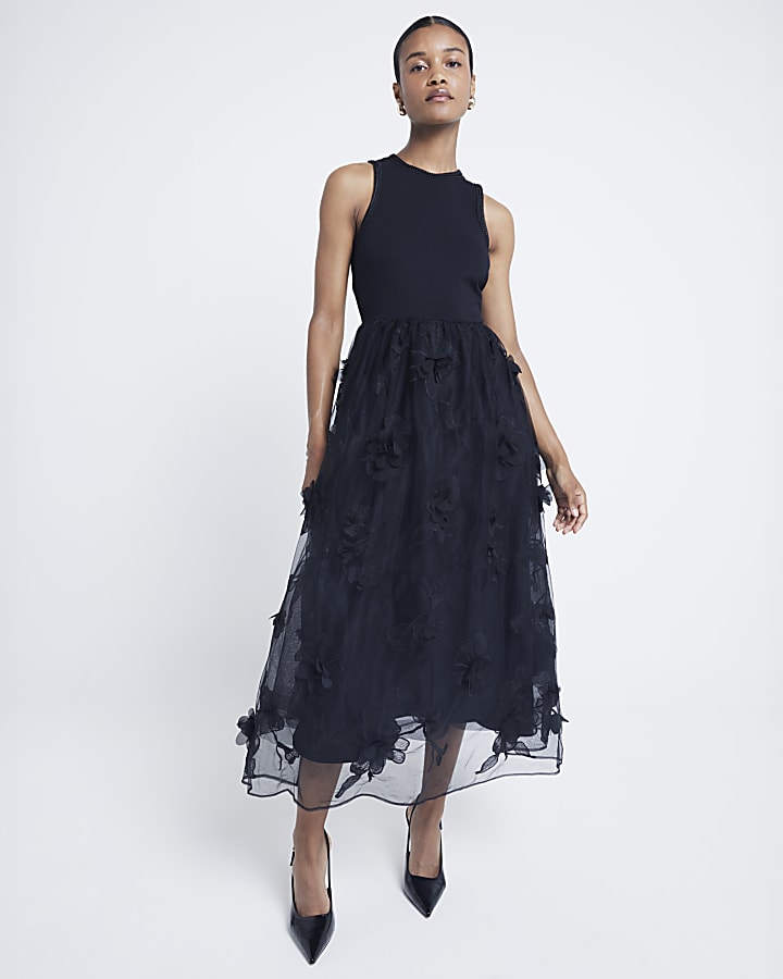 Black flower embellished skater midi dress River Island